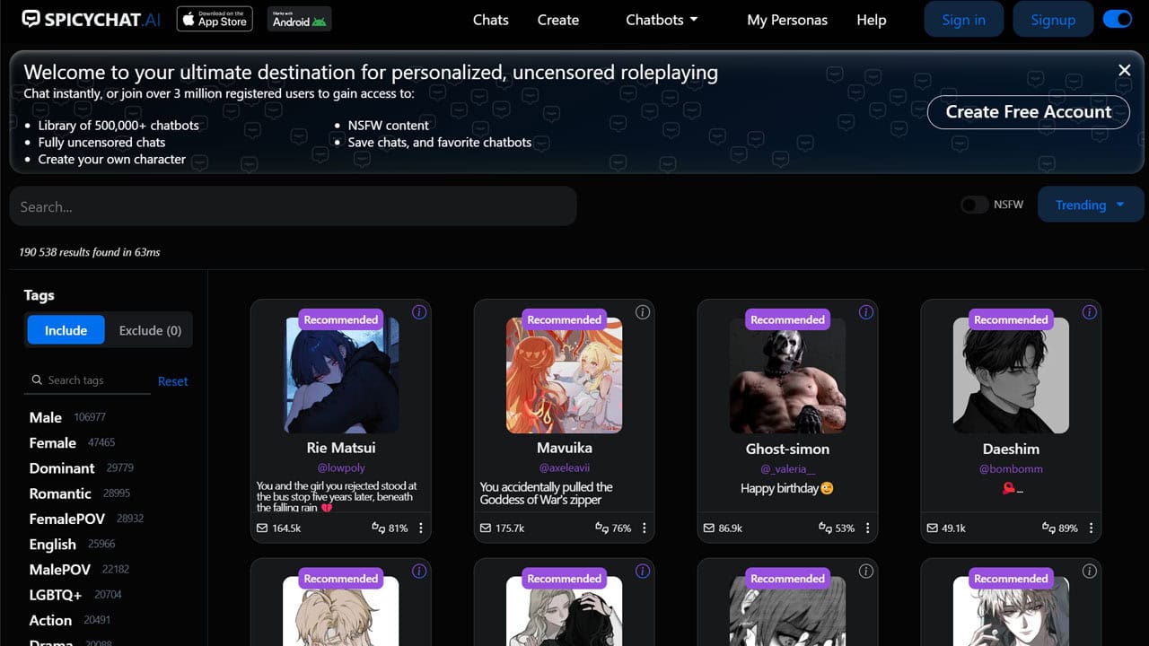 SpicyChat AI сервисіндегі NSFW кейіпкерлер каталогы мен рөлдік чат интерфейсі